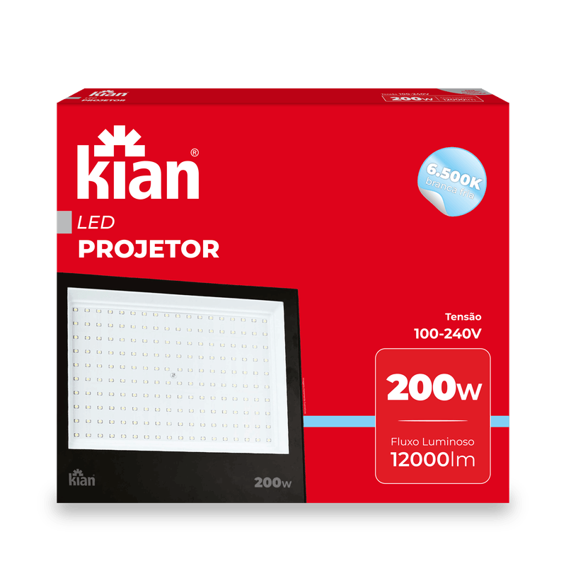 REFLETOR PROJETOR LED 200W 6.500K BRANCO FRIO BIVOLT KIAN